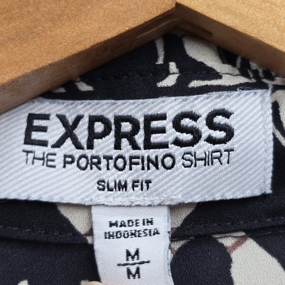 Express Portofino Women Dog Print Blouse Size Medium Roll Sleeve Slim Fit Office - Picture 4 of 10